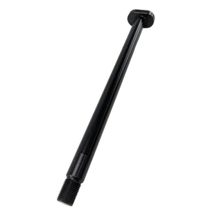 Black metal rear axle shaft with flanged head and threaded end for motorcycle use.