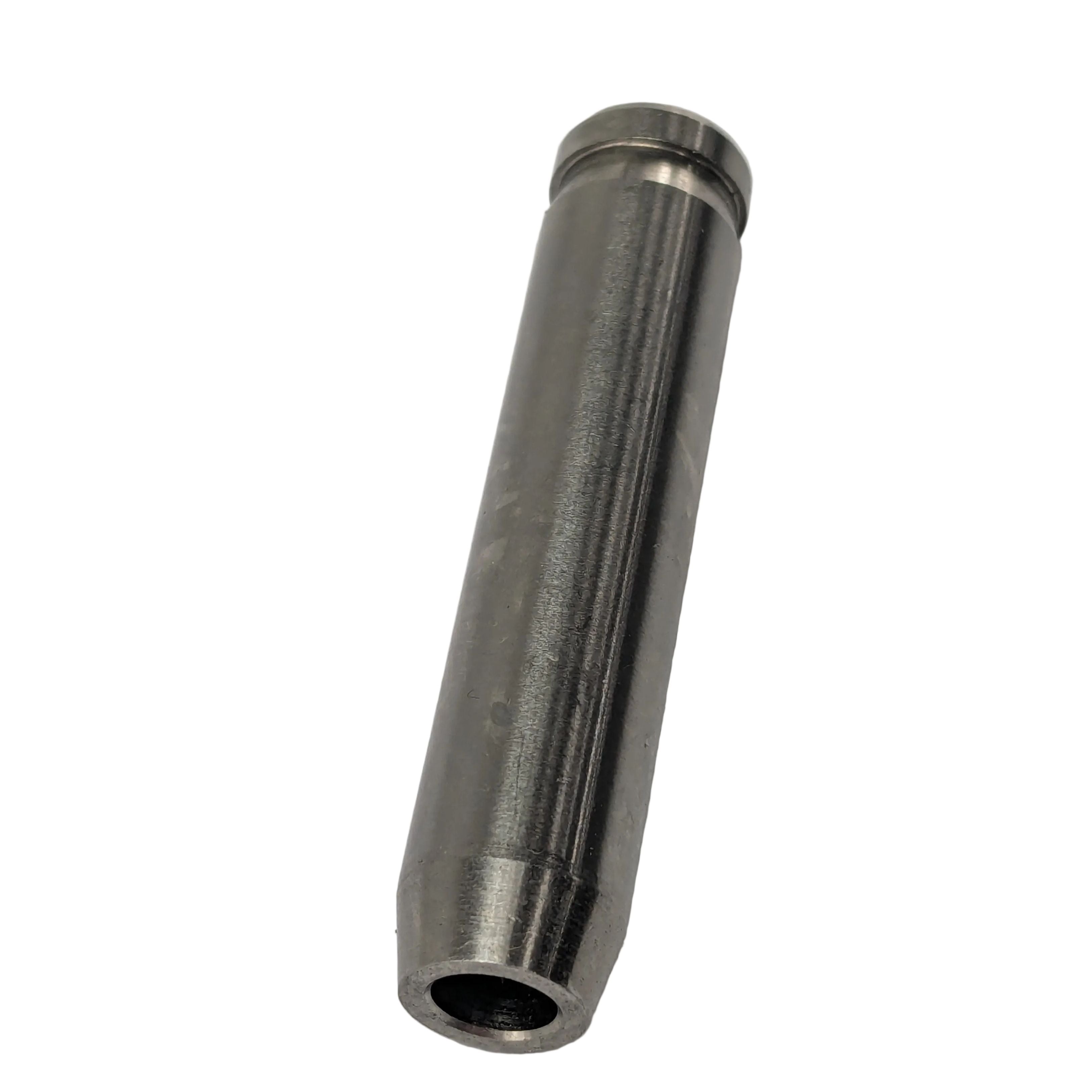 Metallic cylindrical guide valve with a grooved top edge and hollow center opening.