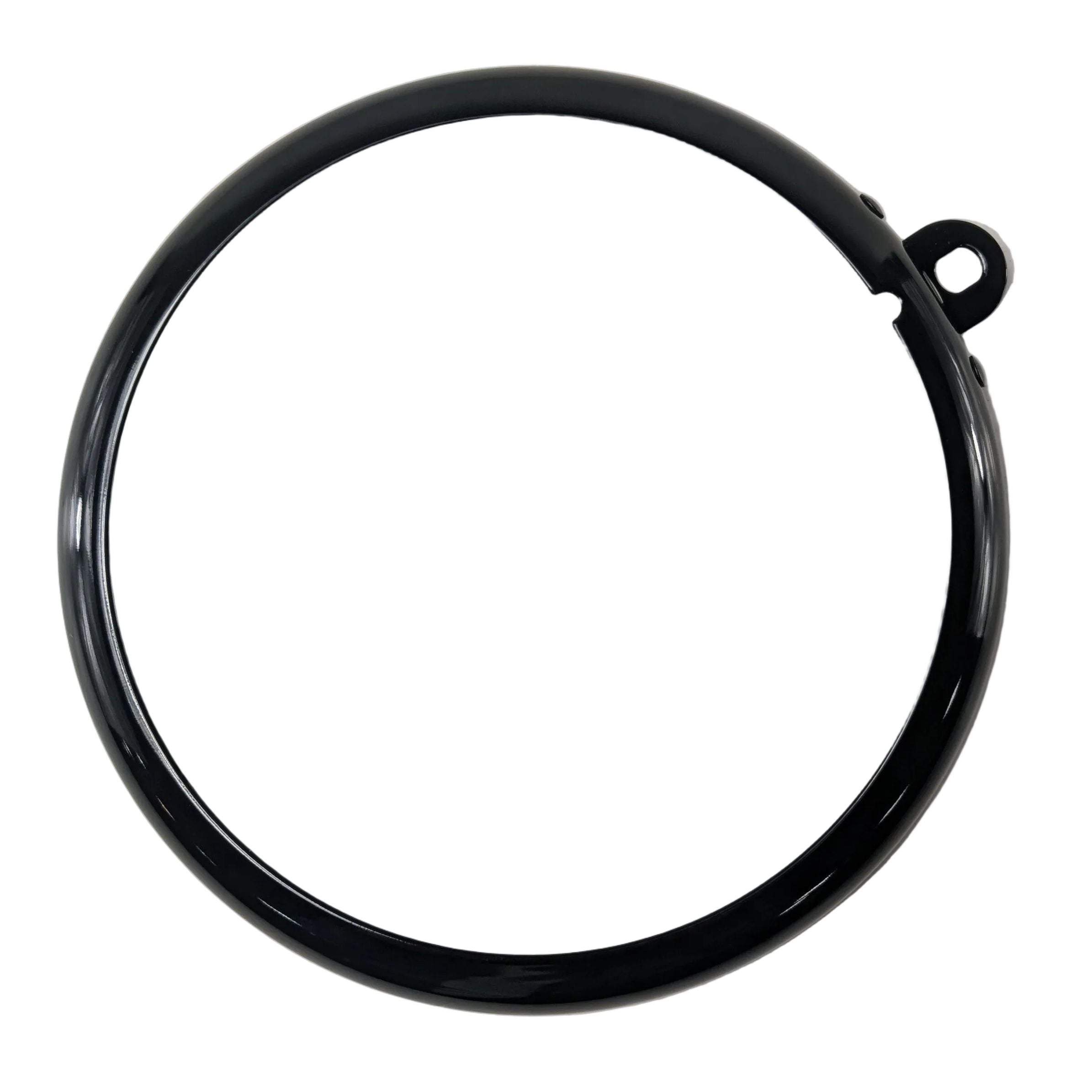 Matte black circular metal headlight ring with mounting tab for Indian motorcycles.