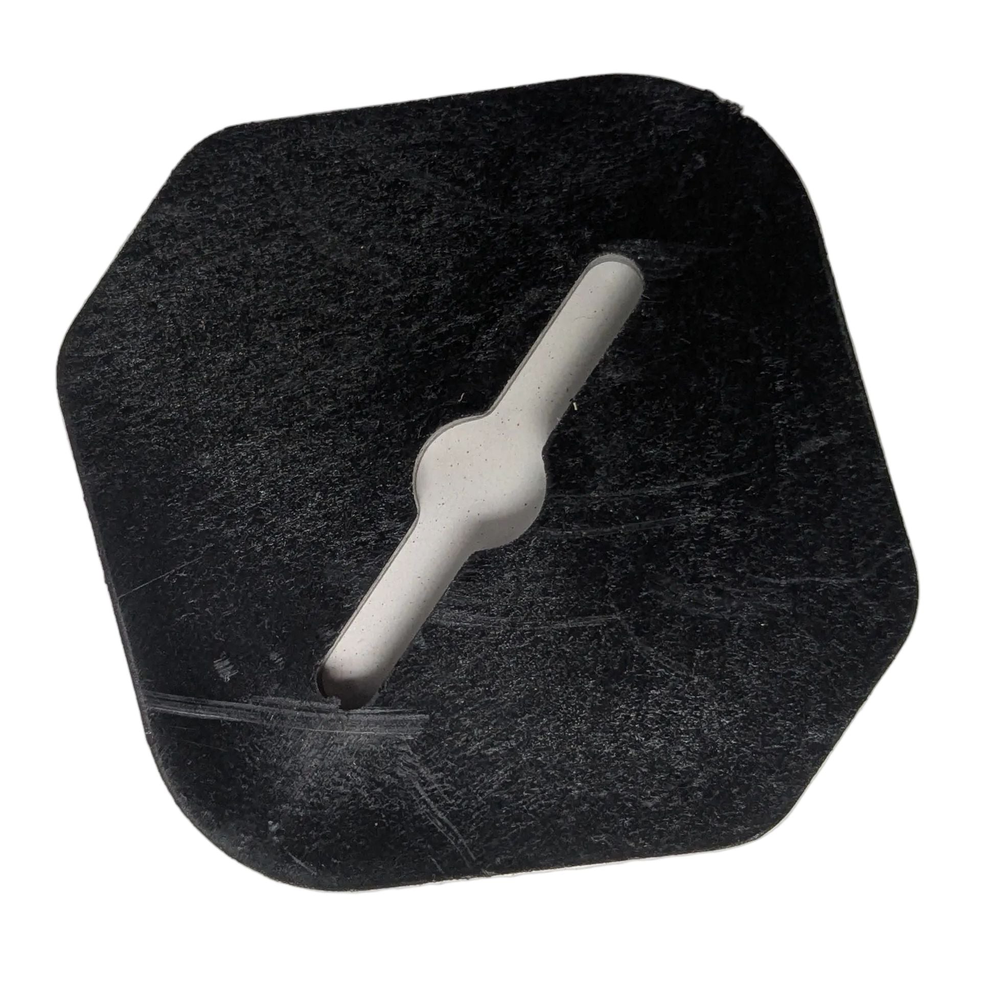Black irregular square-shaped support plate with central cylindrical protrusion and narrow connecting bar.