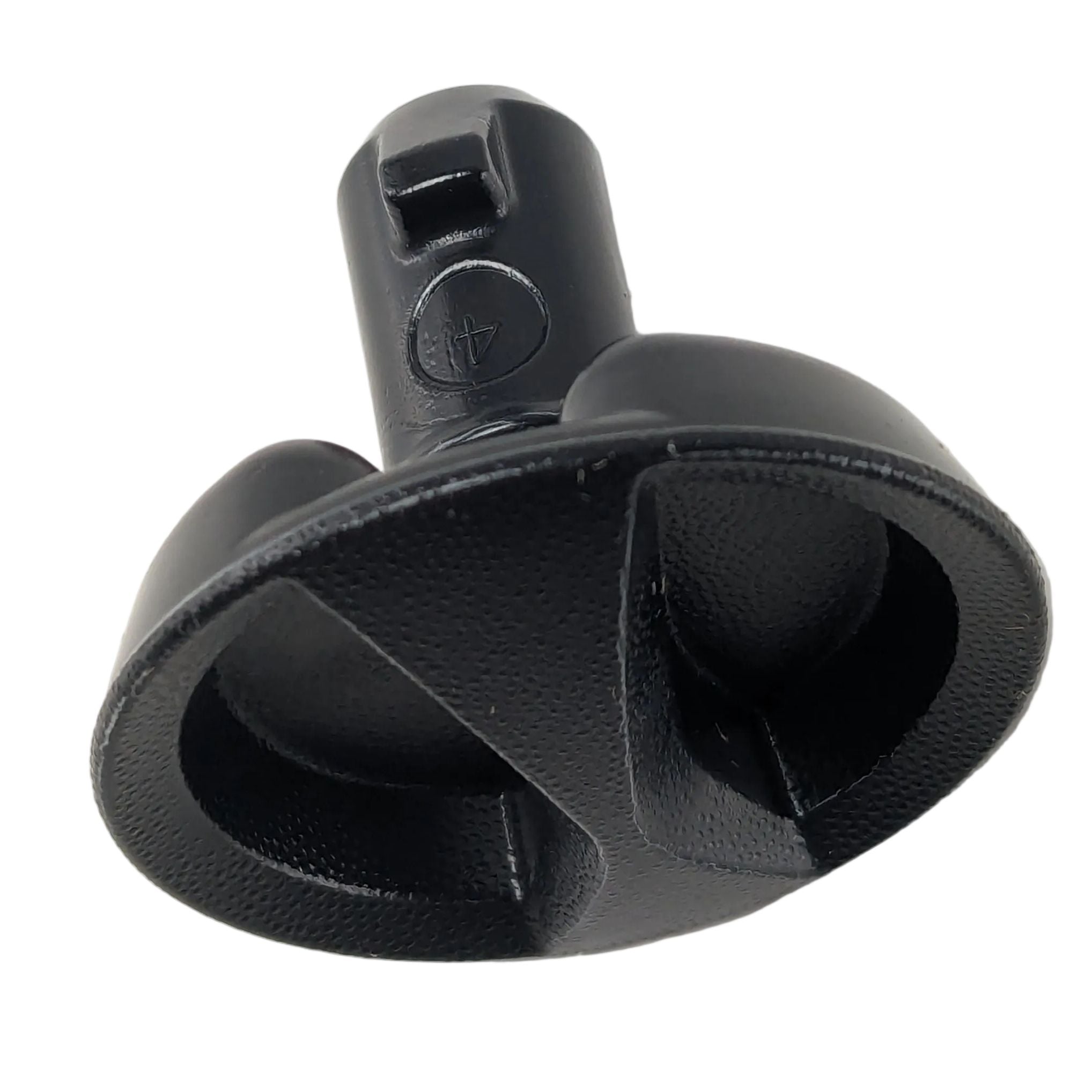 Black plastic cover latch with a quarter-turn design and a textured grip handle.