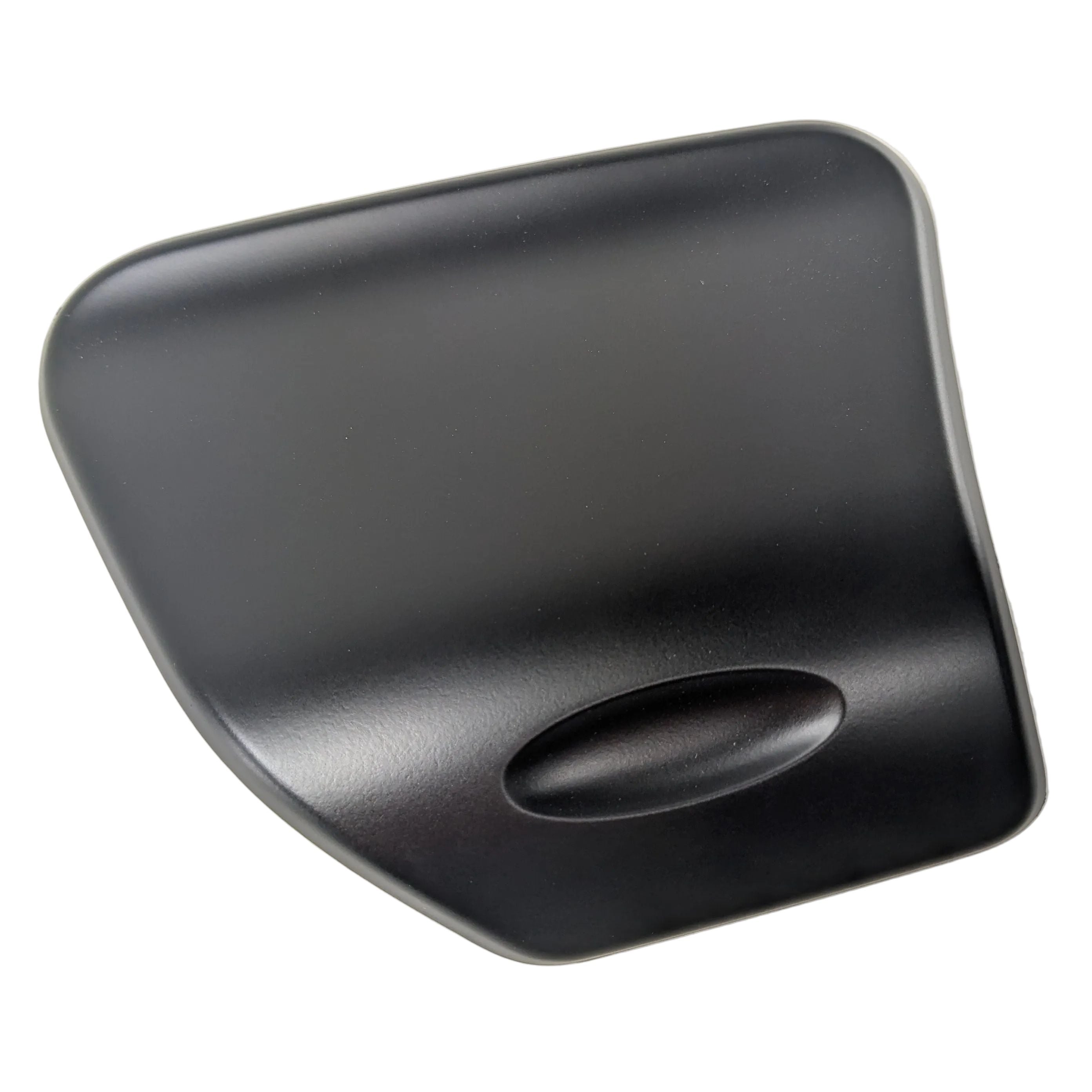 Matte black left-side motorcycle storage door with smooth, contoured surface and oval indentation.
