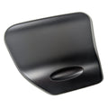 Matte black left-side motorcycle storage door with smooth, contoured surface and oval indentation.