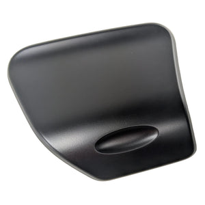 Matte black left-side motorcycle storage door with smooth, contoured surface and oval indentation.