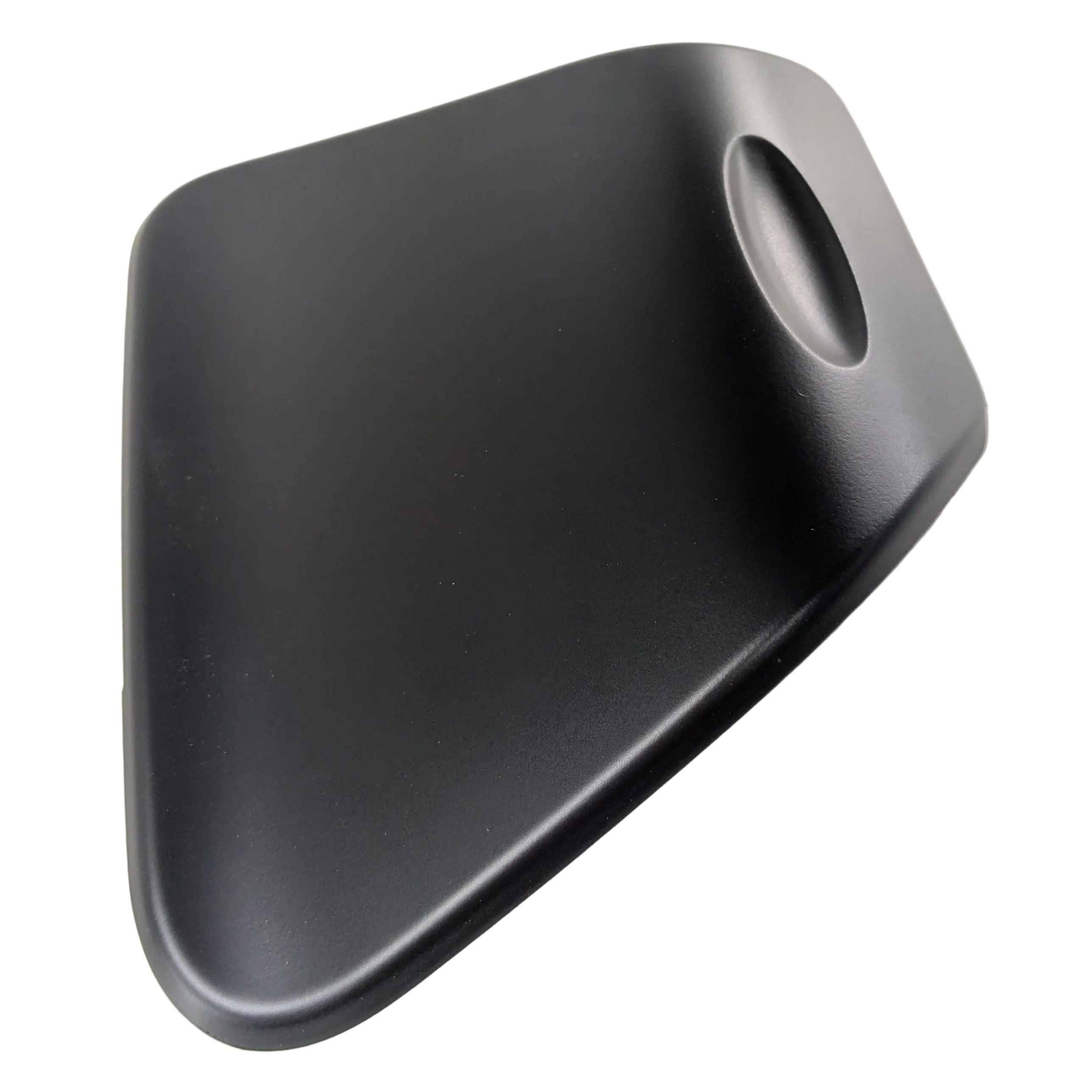 Matte black left-side motorcycle storage door with rounded edges and oval handle cutout.