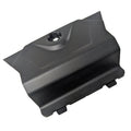 Matte black molded plastic cover with angular design and central circular opening.