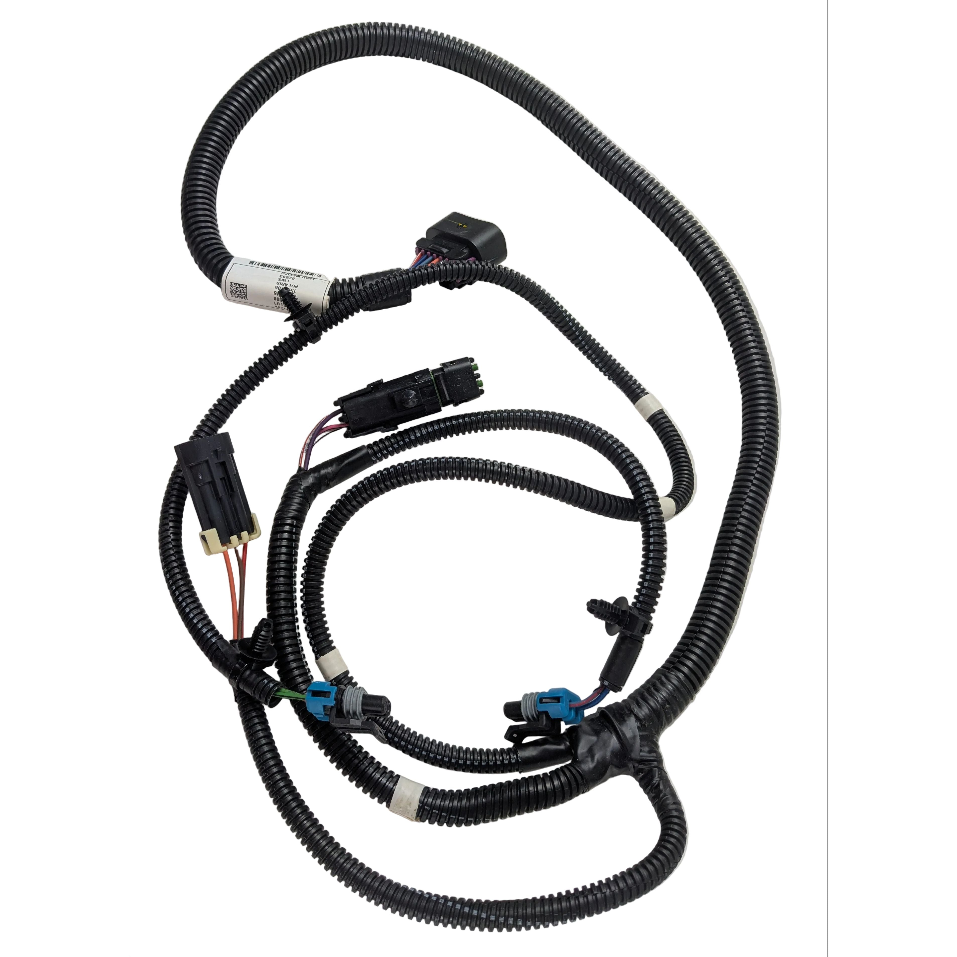 Black flexible radio wiring harness with multiple connectors and protective corrugated tubing.