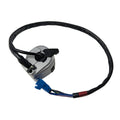 Silver metal handlebar control switch with black lever and attached black wiring harness ending in a blue connector.