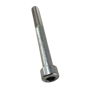 Silver metal hex socket head screw with partially threaded shaft on light surface.