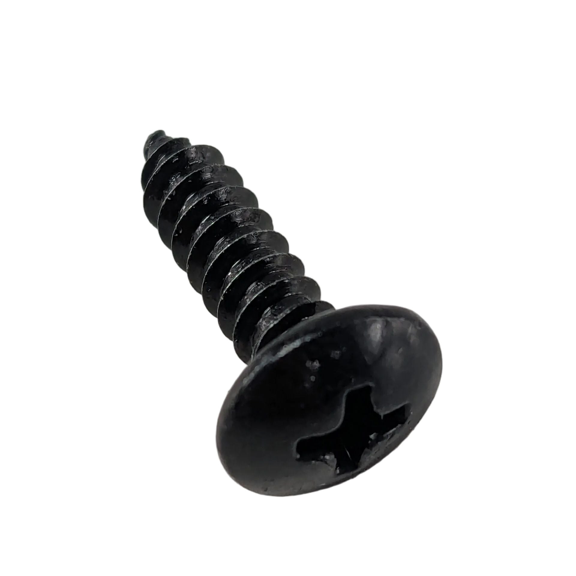 Black self-tapping screw with Phillips head and rounded flat top on white surface.