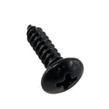Black self-tapping screw with Phillips head and rounded flat top on white surface.