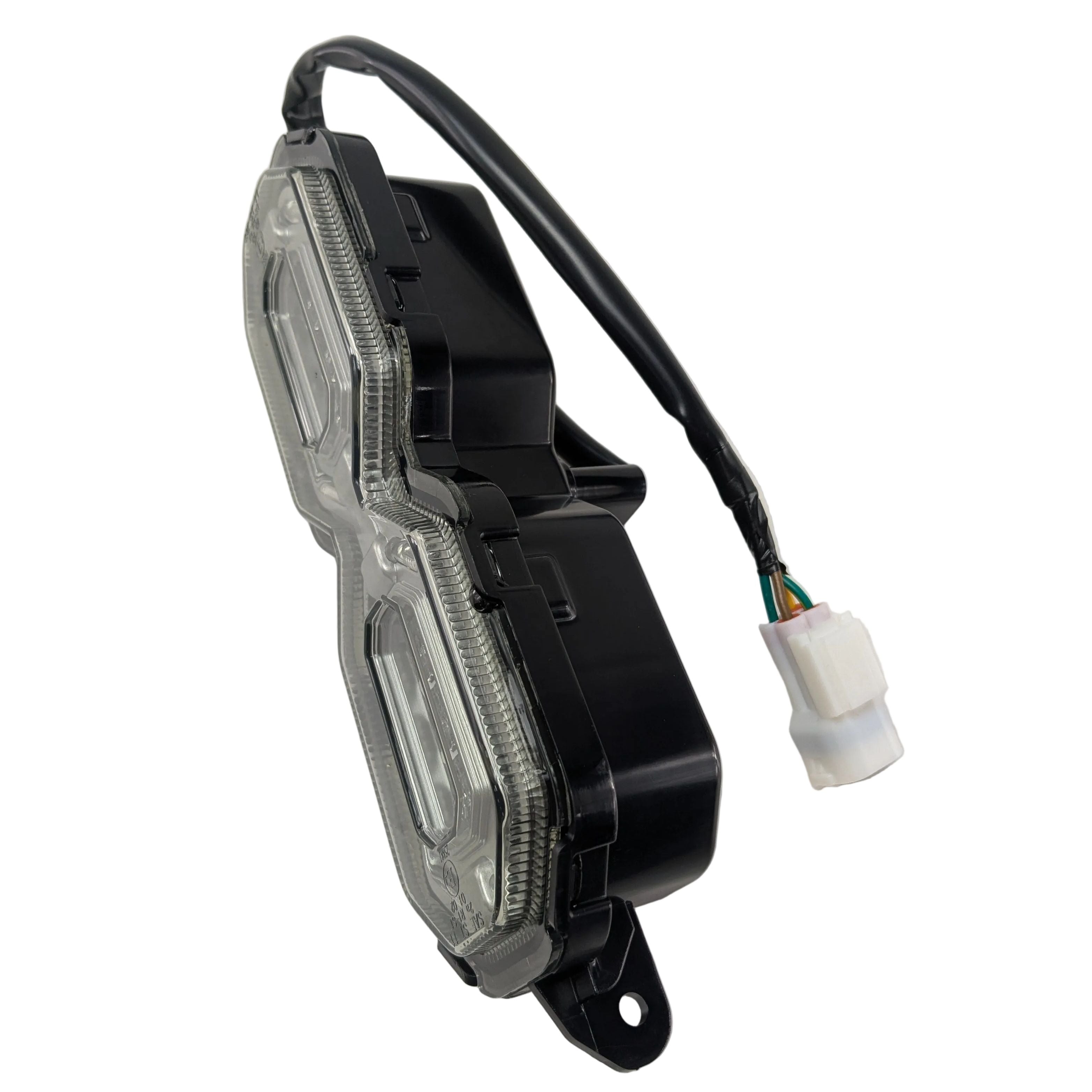 Clear and black plastic CF Moto tail light with wiring harness and white connector.