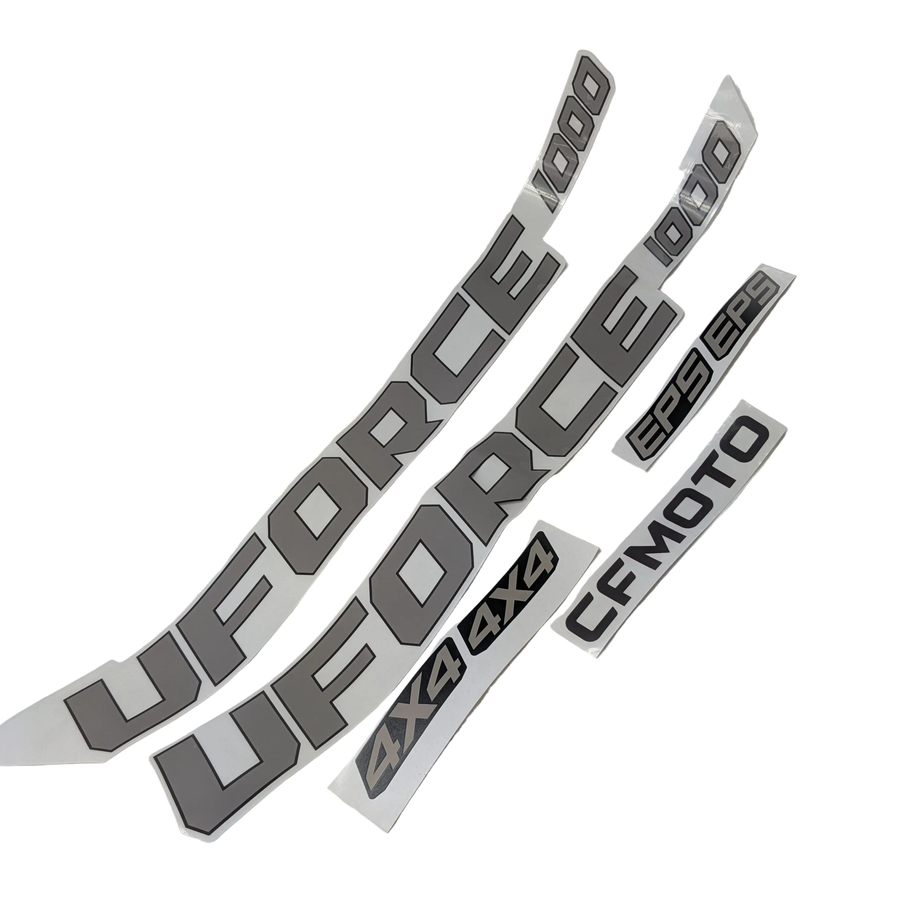 Black and silver UFORCE 1000 and CFMOTO decals in bold block letters on white backing sheets.