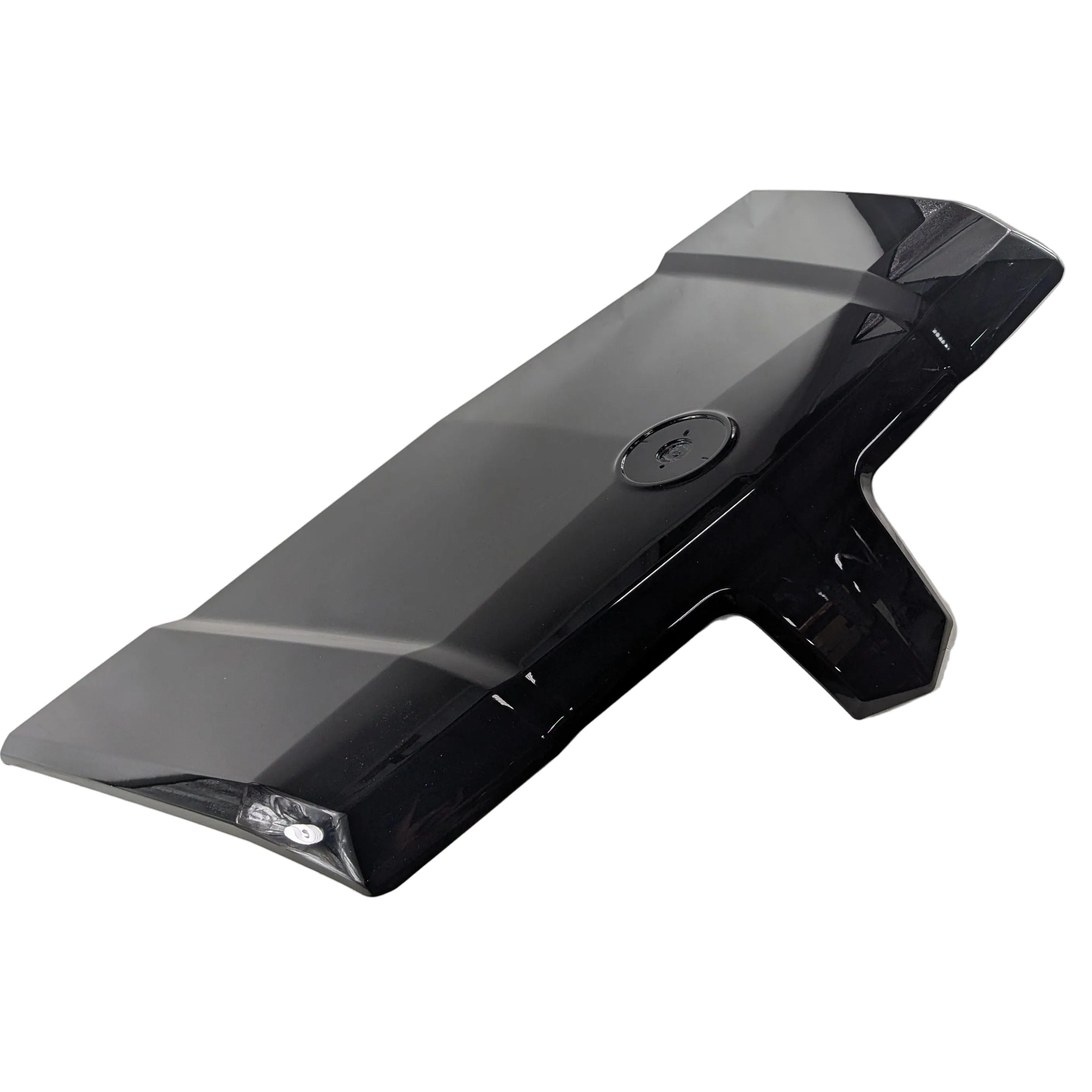 Glossy black front hood panel with angular design and central indent for CFMOTO logo, made for UTVs.