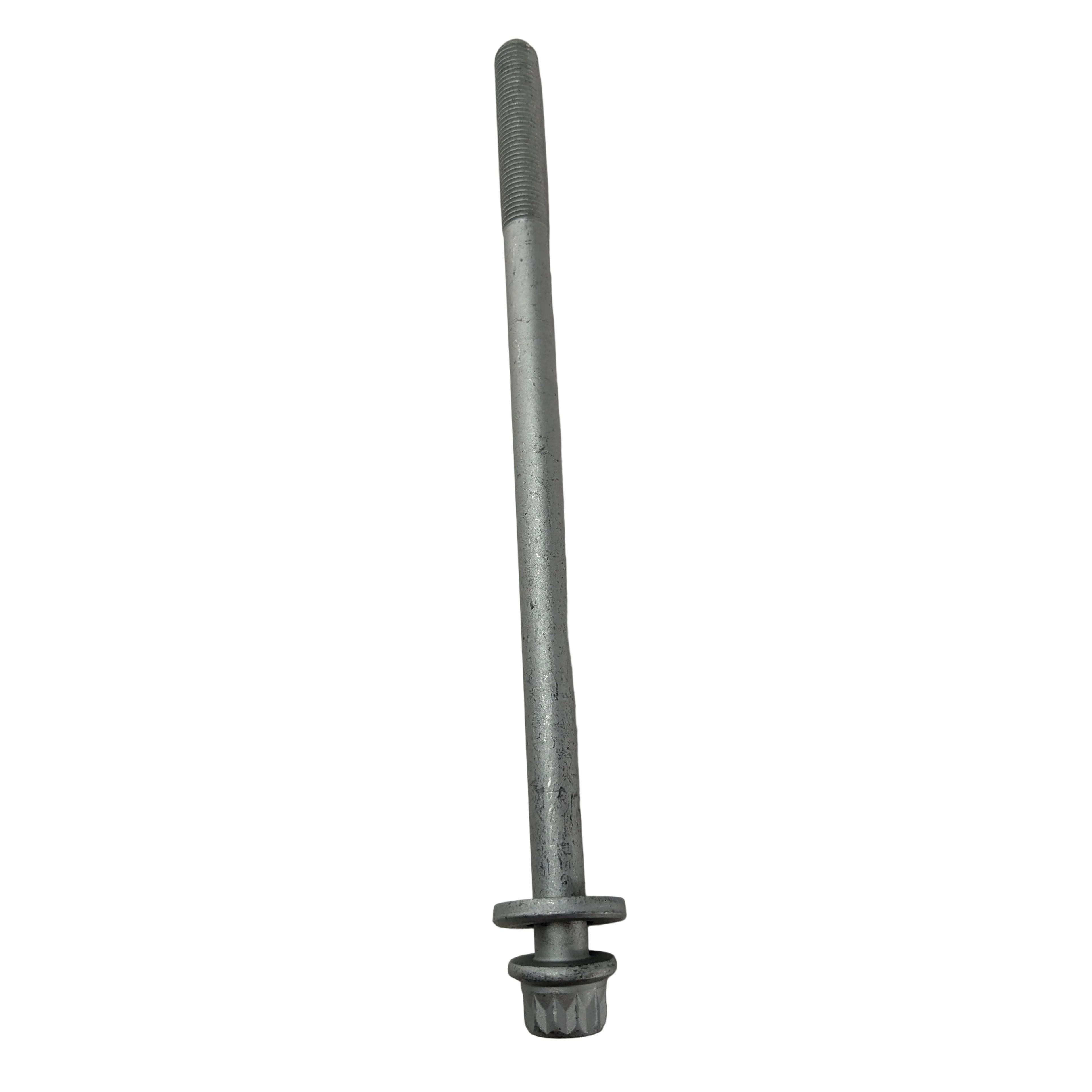 Long silver metal bolt with hexagonal head and washer on a light surface.