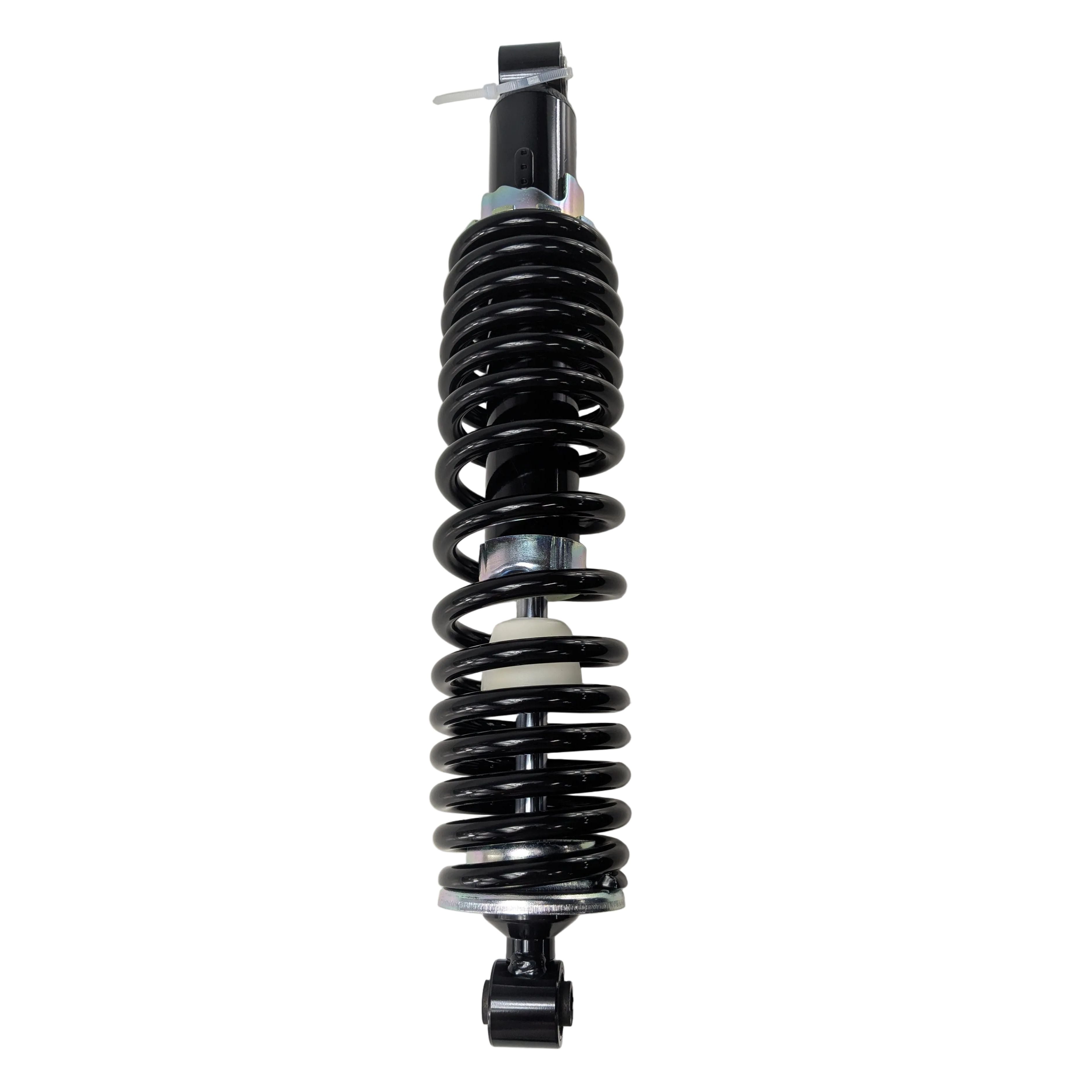 Black coil spring rear shock absorber with metal mounting brackets for ATV suspension.