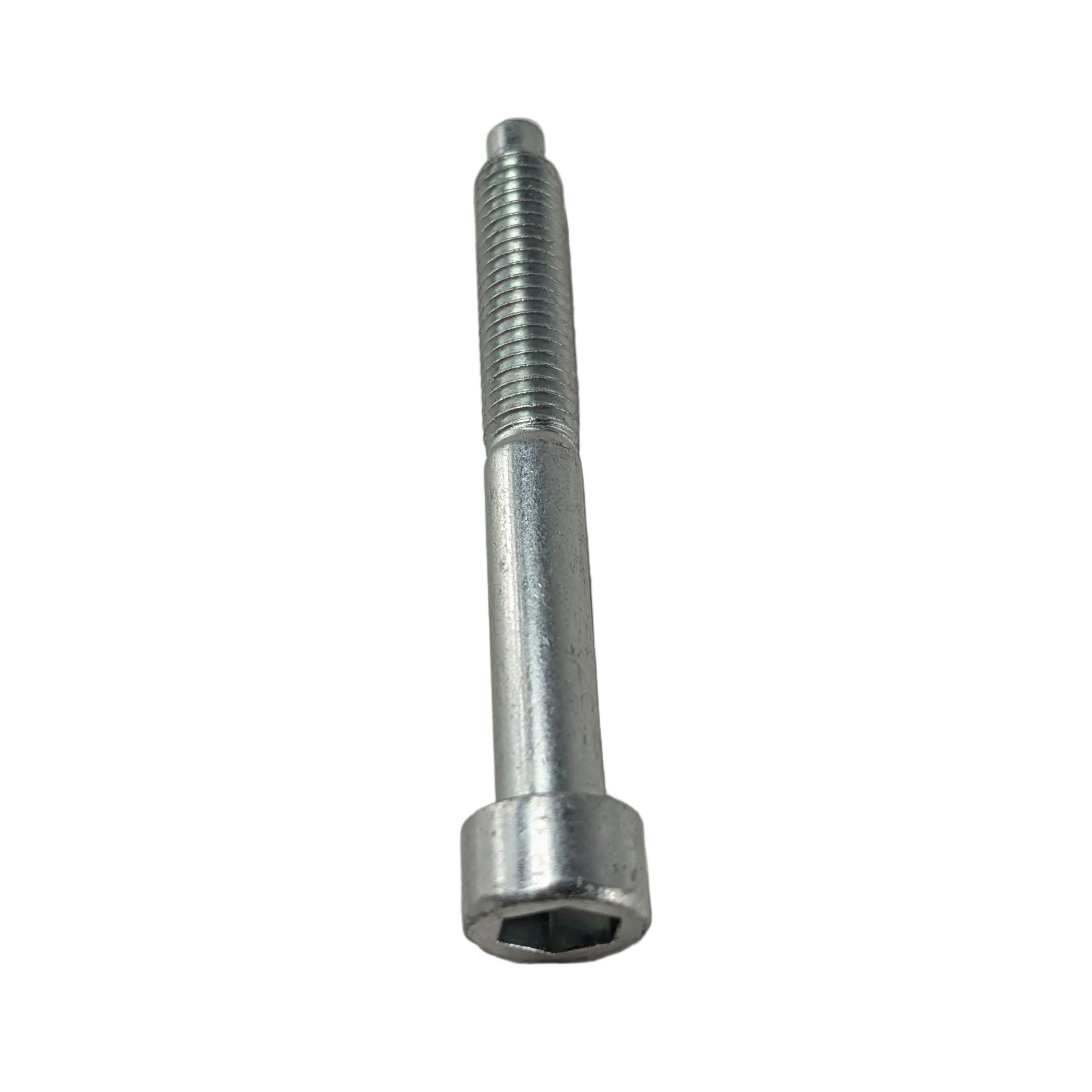 Silver metal socket head screw with hexagonal socket, threaded shaft, and smooth finish.