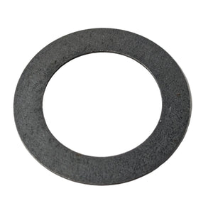 Black flat steel washer with a smooth surface and circular shape.