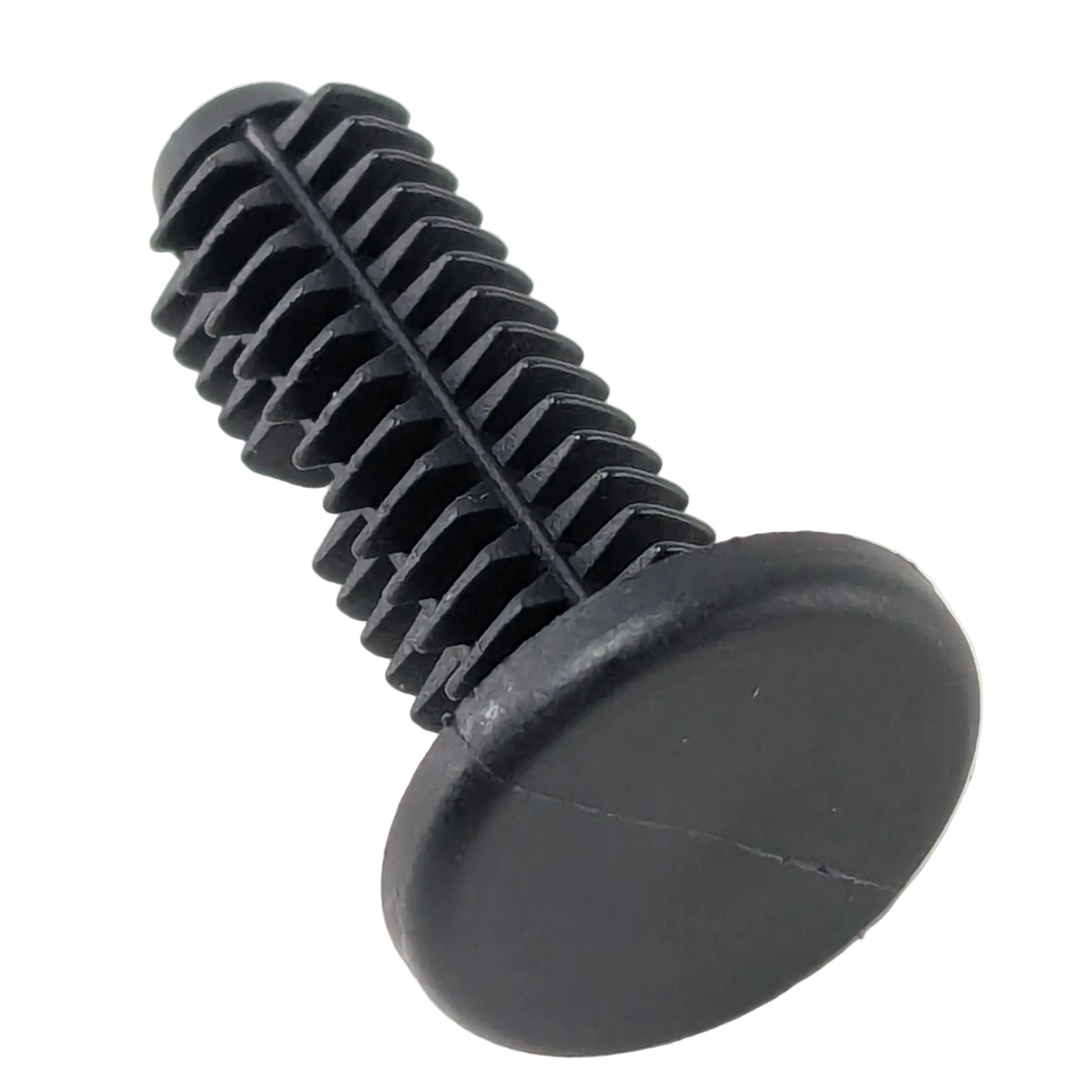 Black plastic fastener with a flat, round head and a ribbed shank for secure grip.