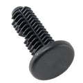 Black plastic fastener with a flat, round head and a ribbed shank for secure grip.