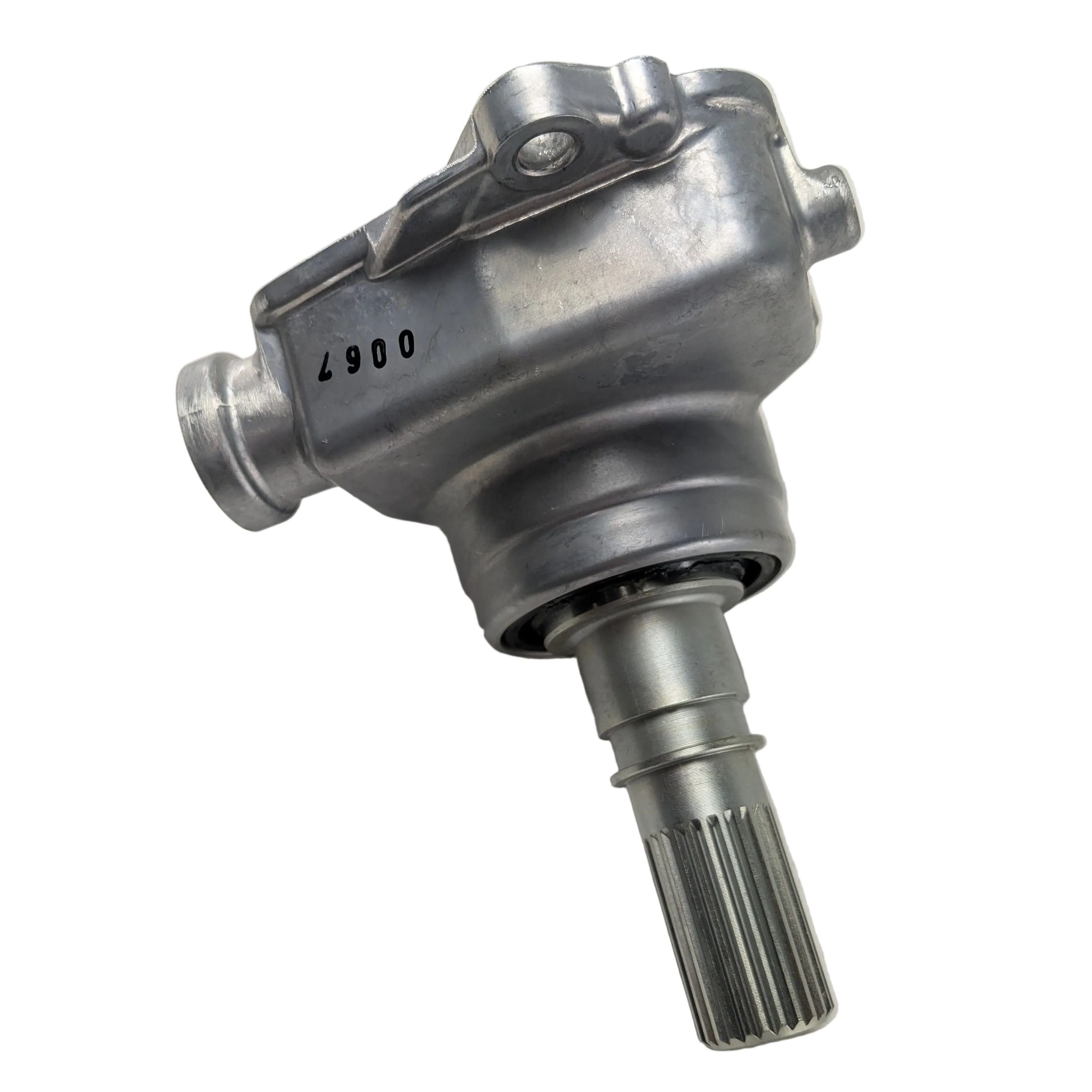 Silver metal front clutch case sub-assembly with splined shaft and bolt holes.