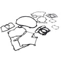 Black rubber engine gasket kit with multiple irregular and circular shapes laid out on a white surface.