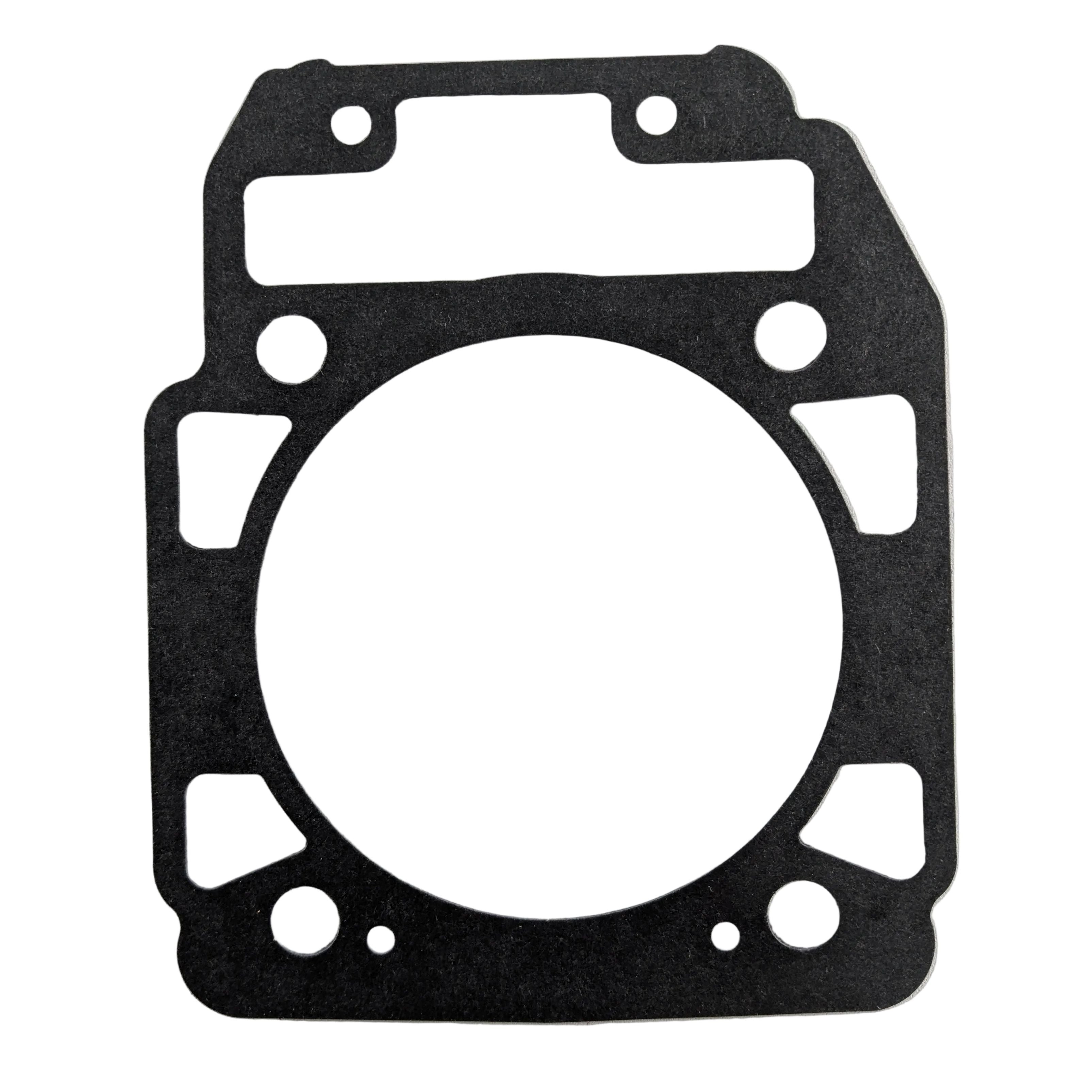 Black rectangular engine cylinder gasket with multiple cutouts and a large central circular opening.