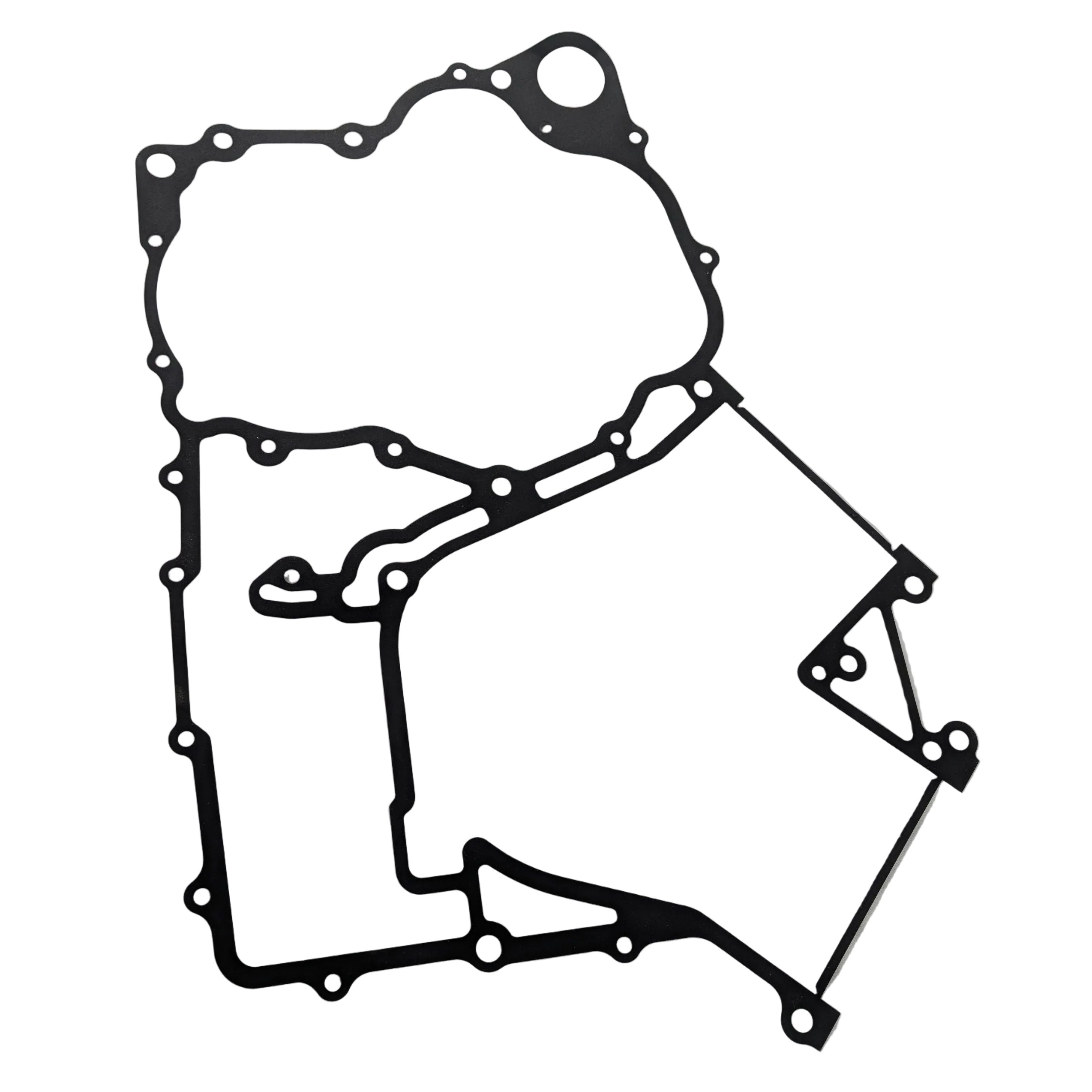Black rubber crankcase gasket with multiple bolt holes and irregular shape designed for engine sealing.