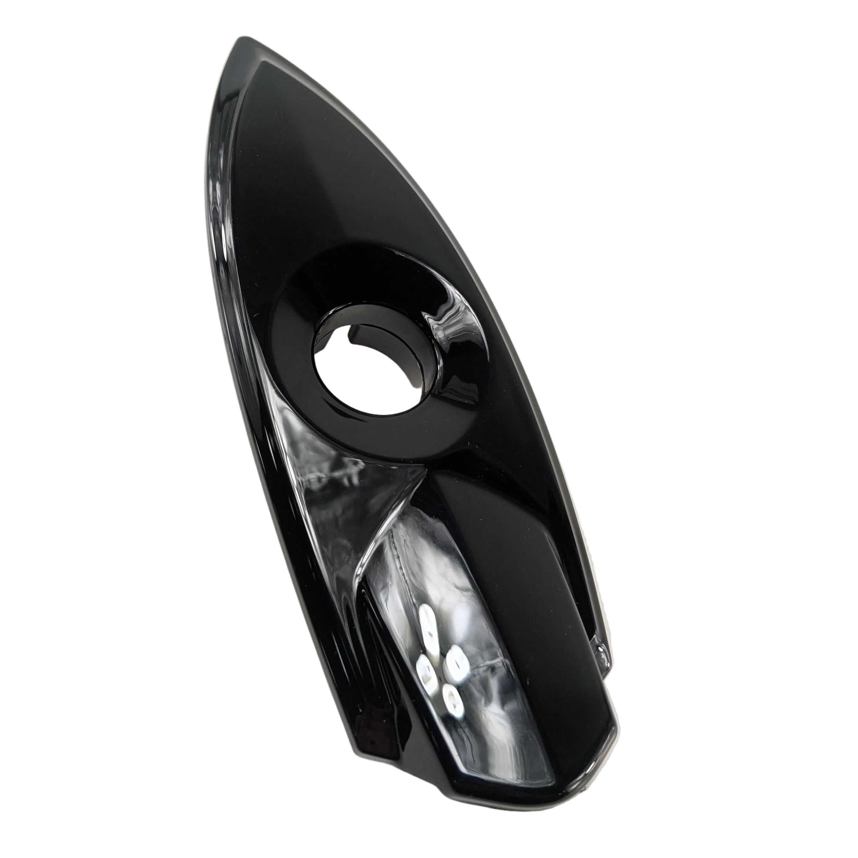 Glossy black plastic saddlebag lock bezel with a teardrop shape and central circular opening.