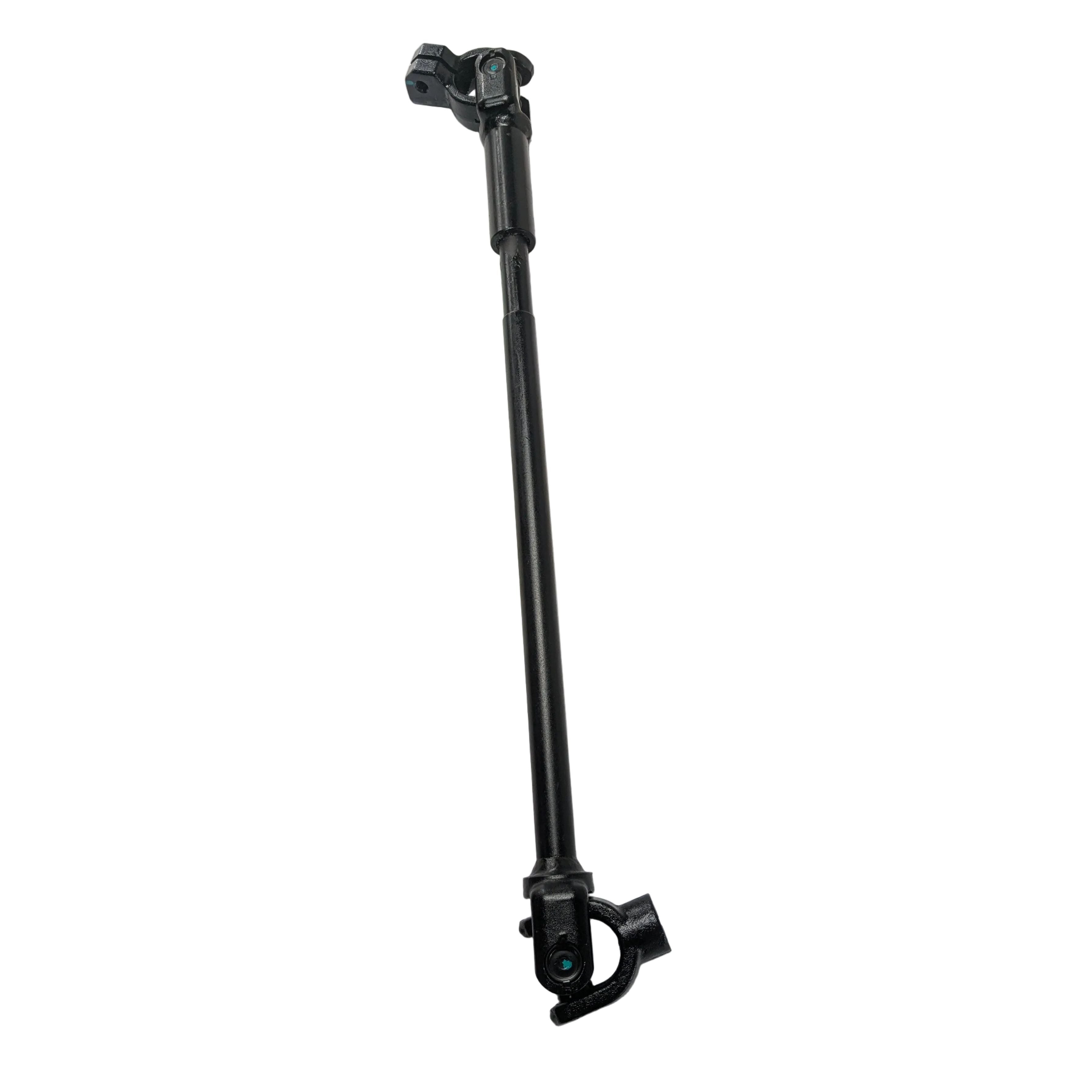 Black metal universal steering shaft with adjustable joints on both ends for UTV vehicles.