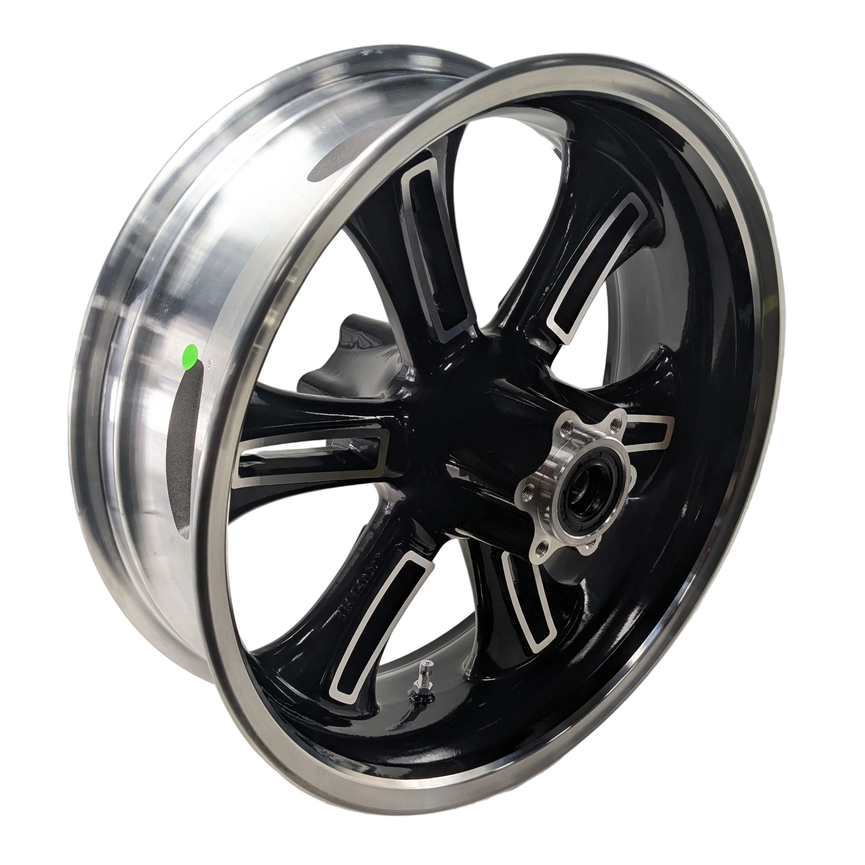 Black cast aluminum rear motorcycle wheel with six wide spokes and silver rim edge.