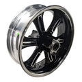 Black cast aluminum rear motorcycle wheel with six wide spokes and silver rim edge.