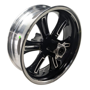 Black cast aluminum rear motorcycle wheel with six wide spokes and silver rim edge.