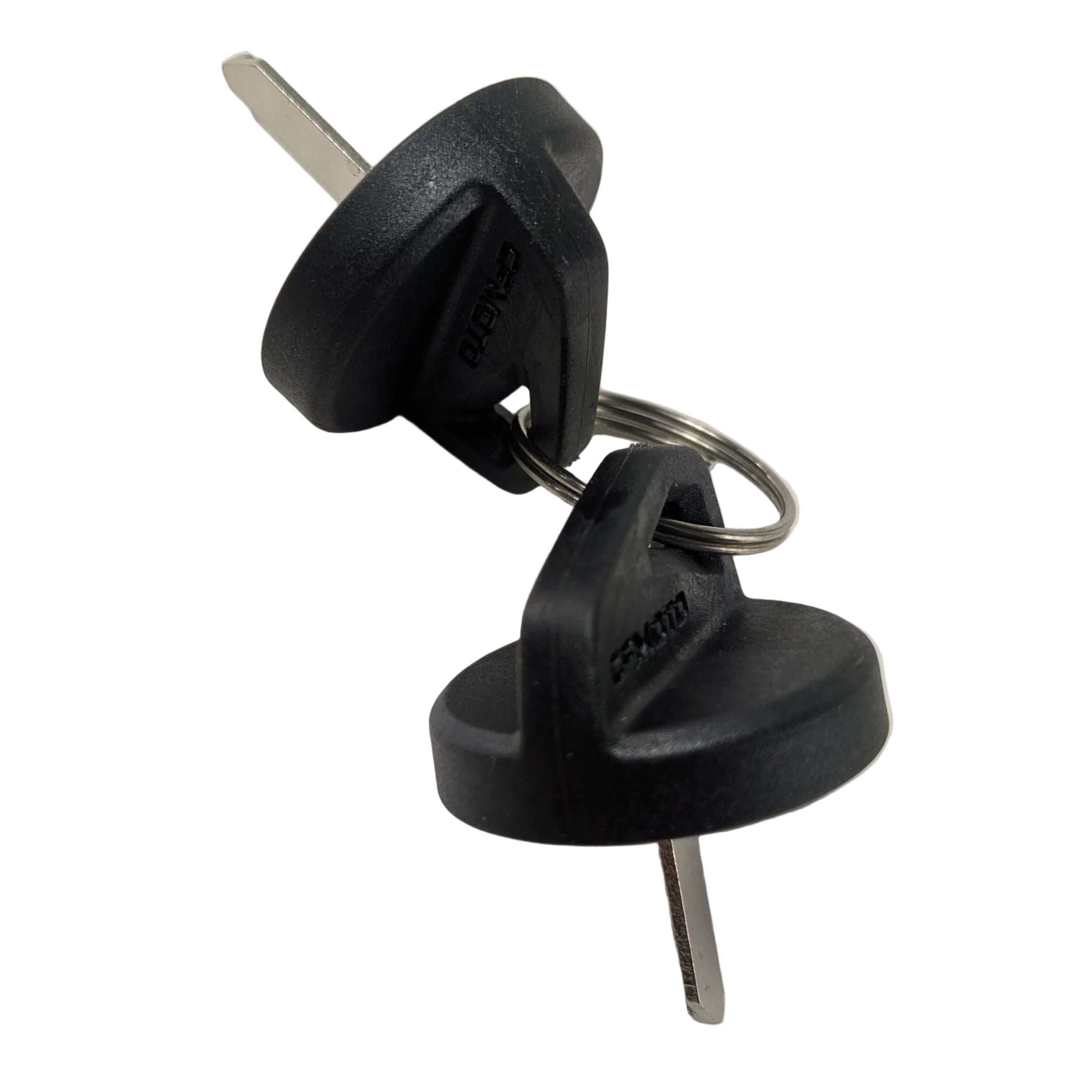 Two black plastic key blanks with silver metal blades, designed for CF Moto vehicles.