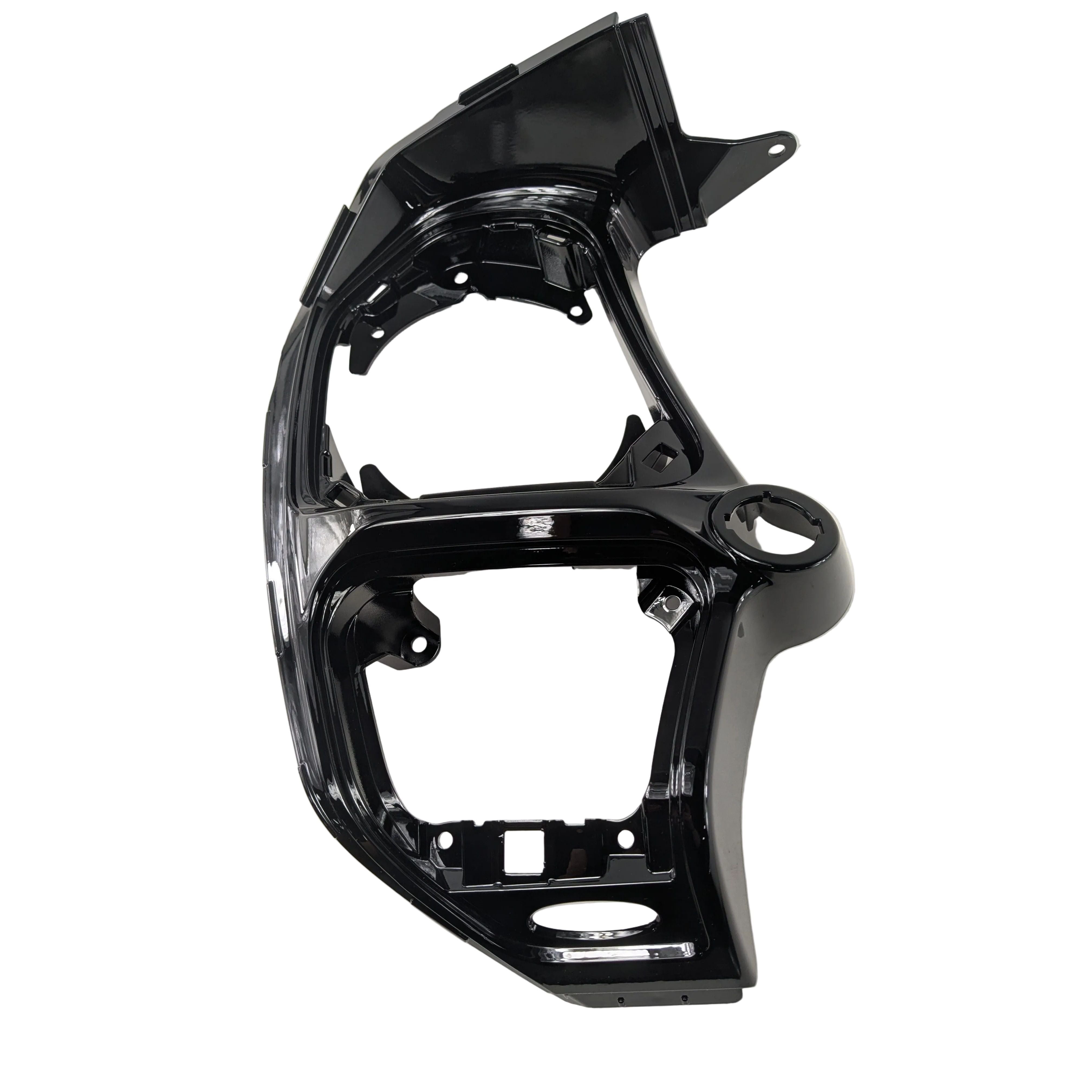 Black plastic motorcycle dash panel with angular lines and mounting points.