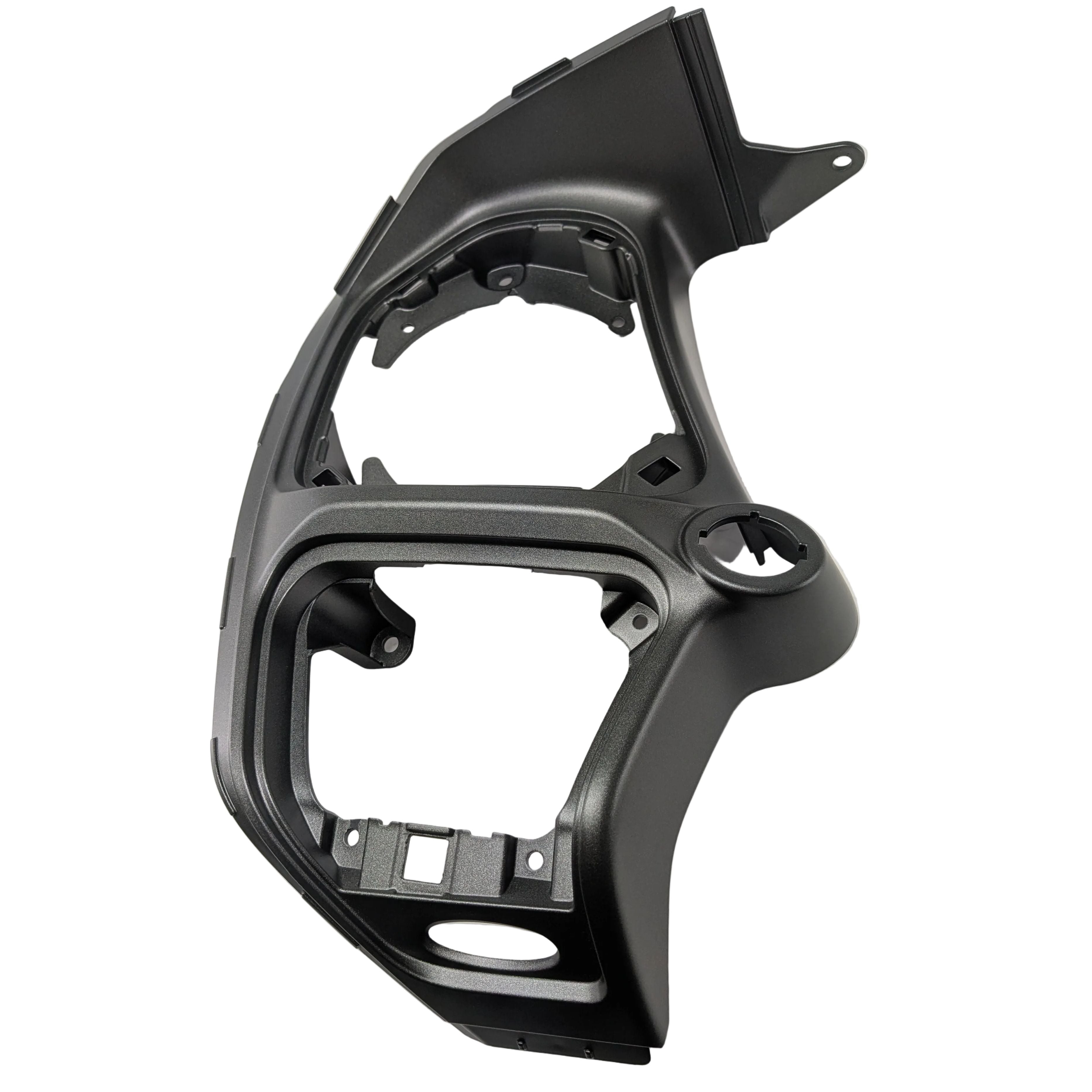 Matte black plastic motorcycle dash panel with integrated instrument cluster openings and mounting points.