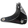 Black metal foot peg floorboard support bracket with curved shape and mounting holes.
