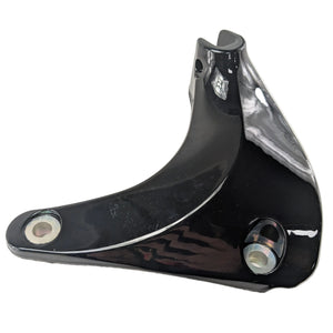 Black metal foot peg floorboard support bracket with curved shape and mounting holes.