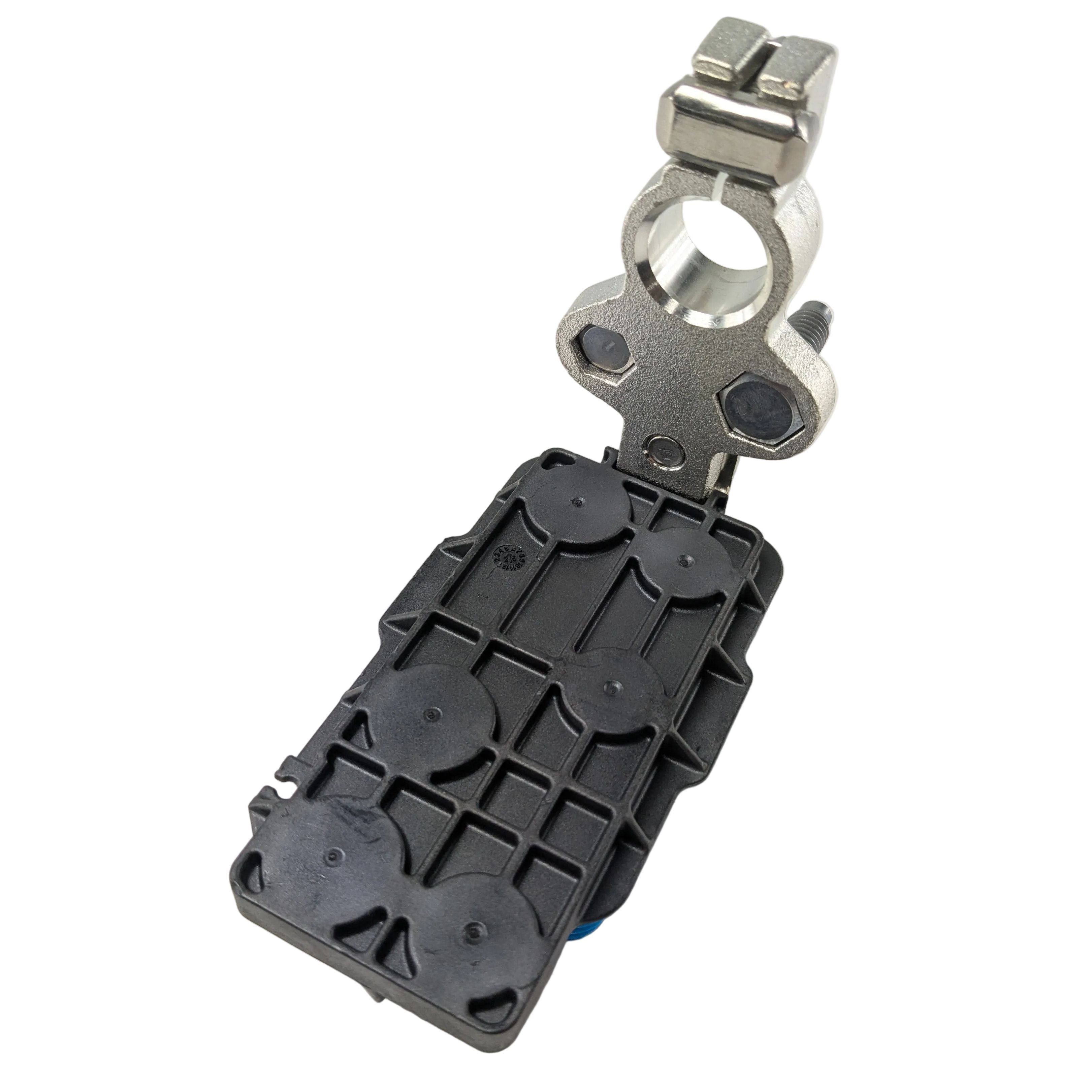 Black plastic fuse holder with textured grid design and attached silver metal battery terminal clamp.