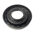 Black circular oil seal with grooved outer edge and central hole, made of rubber and metal components.