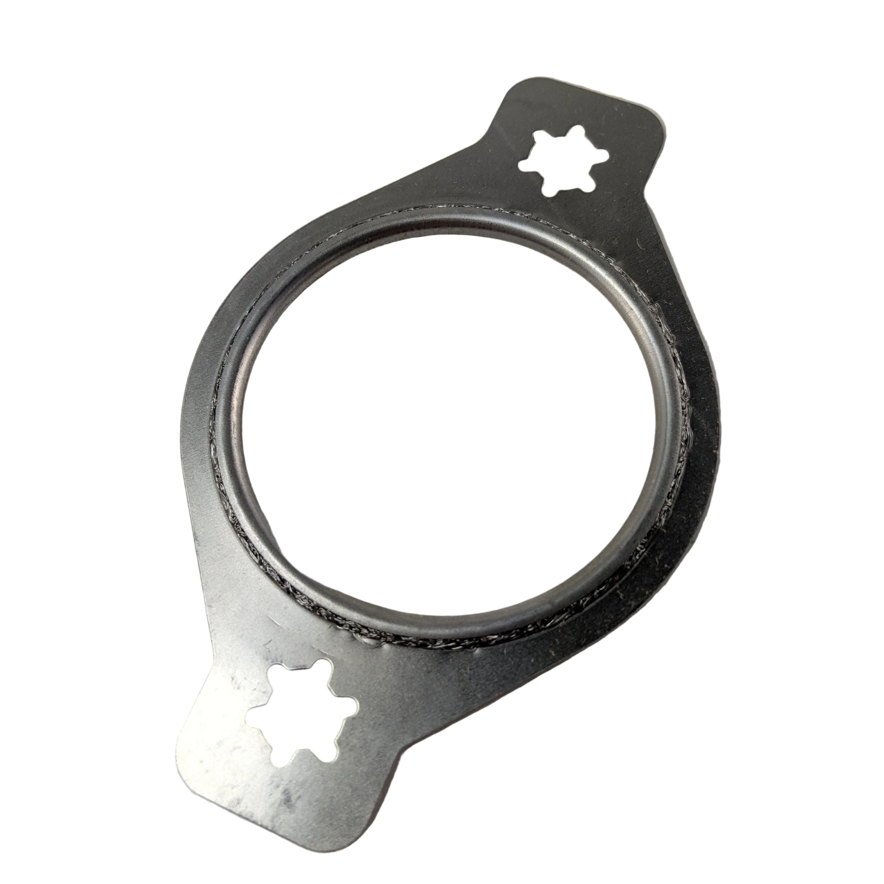 Silver metal exhaust flange gasket with two star-shaped holes and a circular center opening.