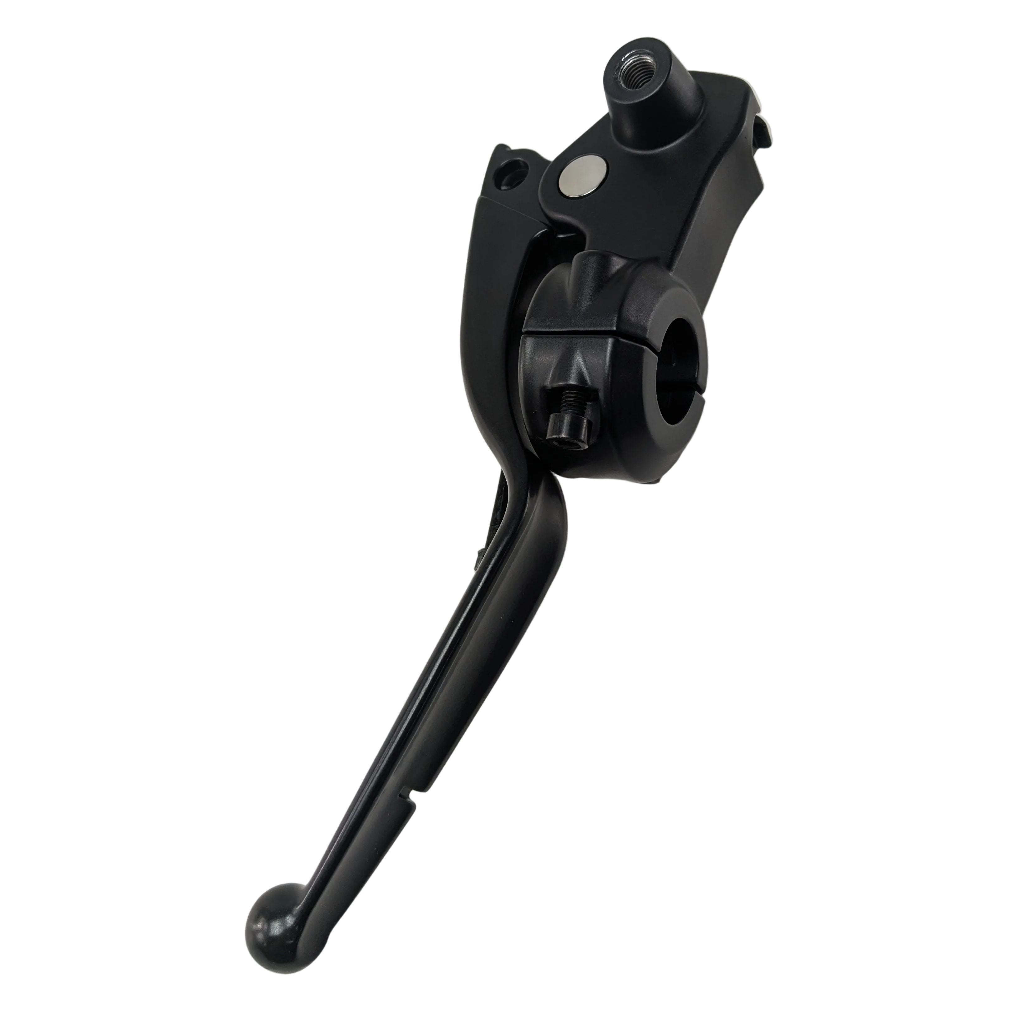 Black metal clutch lever assembly with curved handle and mounting bracket.