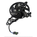 Black circular motorcycle cooling fan with seven curved blades and attached wiring harness.