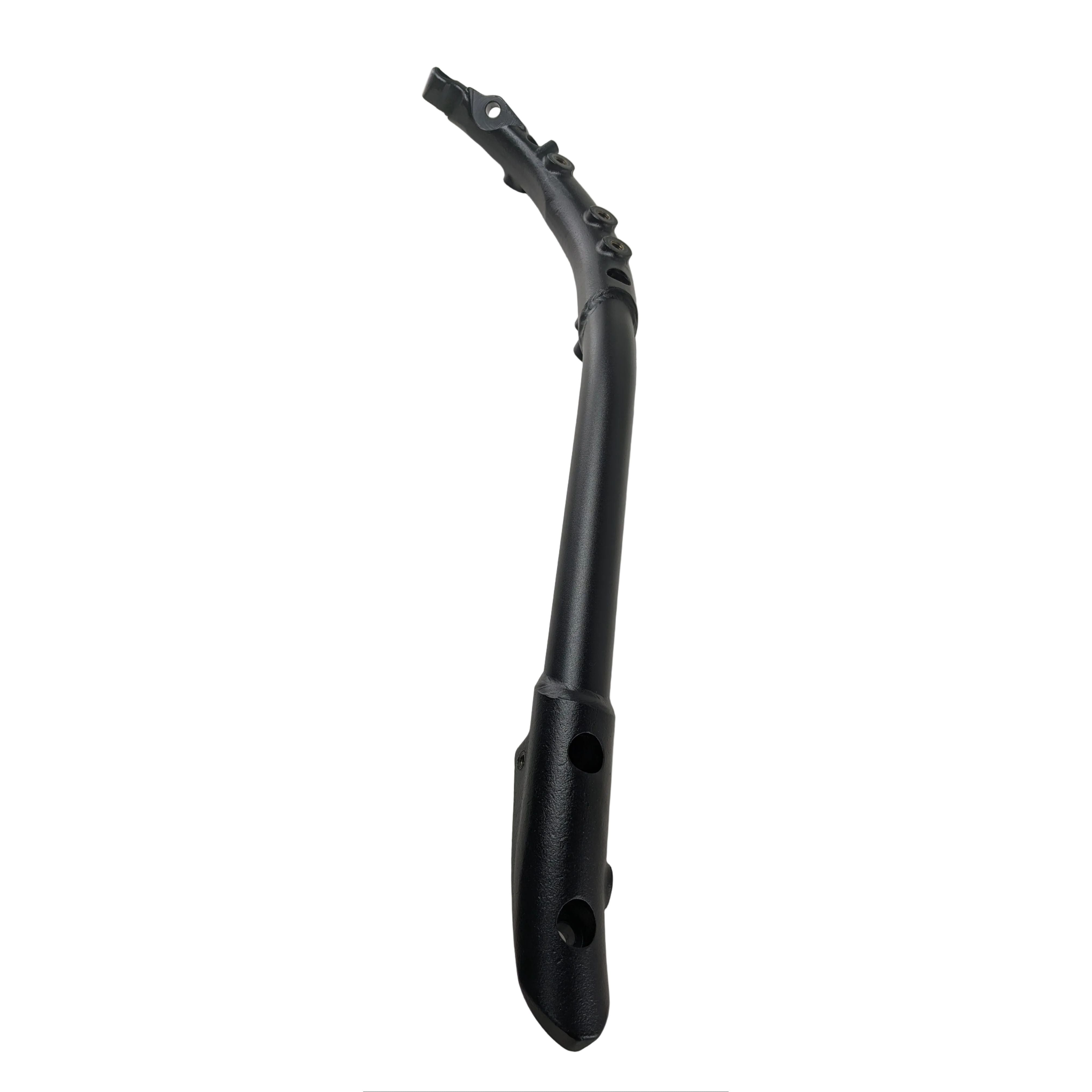 Matte black curved metal front frame for left side of motorcycle, with mounting holes and smooth finish.