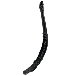 Black metal front frame component with curved design and mounting holes for motorcycle use.