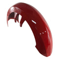 Glossy Havasu red front motorcycle fender with curved, aerodynamic shape and precise mounting holes.