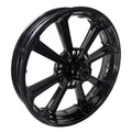 Glossy black 19x3.5 front motorcycle wheel with eight wide spokes and central hub mounting holes.