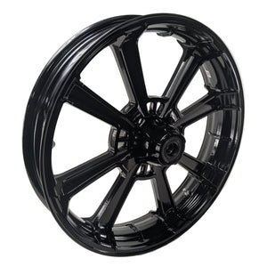 Glossy black 19x3.5 front motorcycle wheel with eight wide spokes and central hub mounting holes.