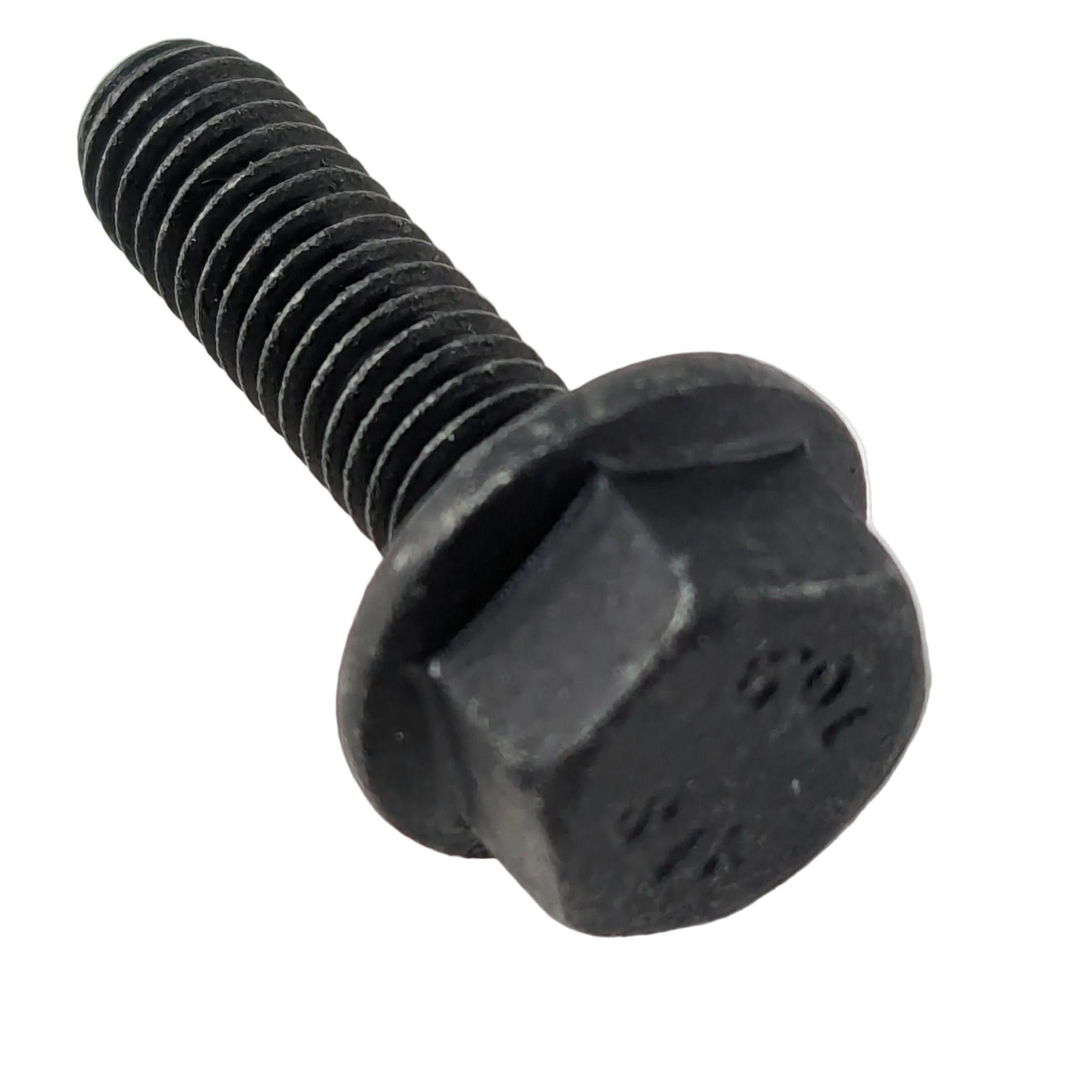 Black hex flange head screw with threaded shaft, M6x1.0x20 size, steel material.