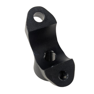 Black matte metal handlebar riser bottom with three mounting holes and threaded center hole.